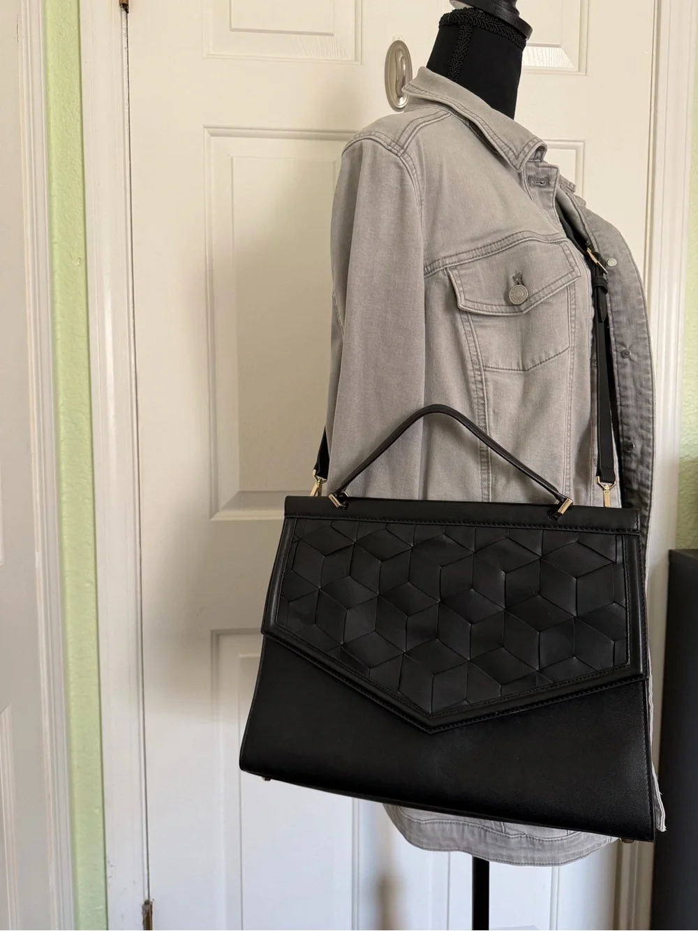 Welden Black Geometric Leather Satchel Crossbody Strap- Women Bags